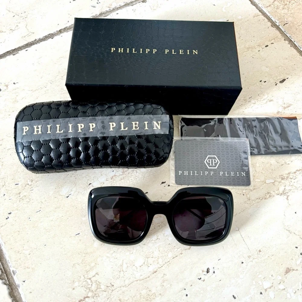 New! Philipp Plein Queen SPP065S Col.0700 Glossy Black Sunglasses, Authentic